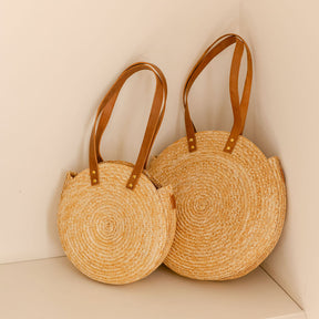 Round Woven Straw Shoulder Bag with Leather Handles