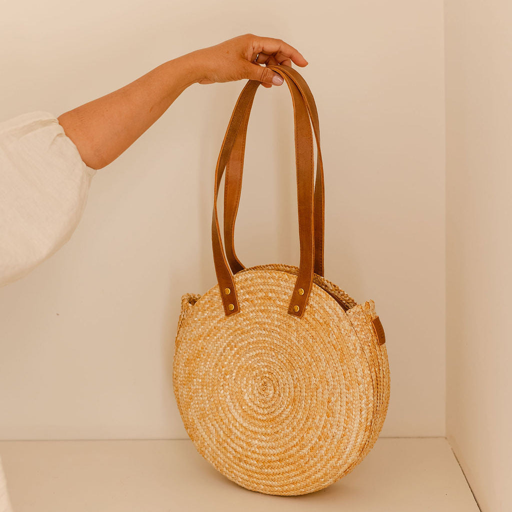 Round Woven Straw Shoulder Bag with Leather Handles