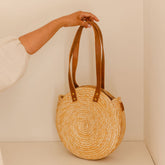 Round Woven Straw Shoulder Bag with Leather Handles