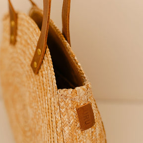 Round Woven Straw Shoulder Bag with Leather Handles