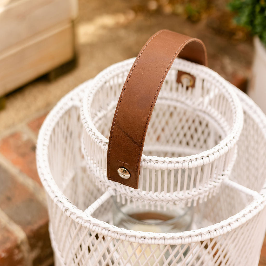 Trellis Rattan Lantern with Glass Candle Holder – White Wash