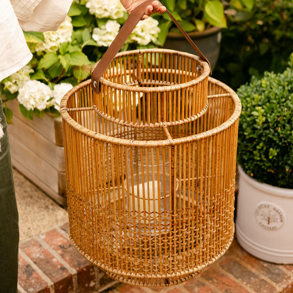 Large Rattan Lantern with Glass Candle Holder & Leather Handle
