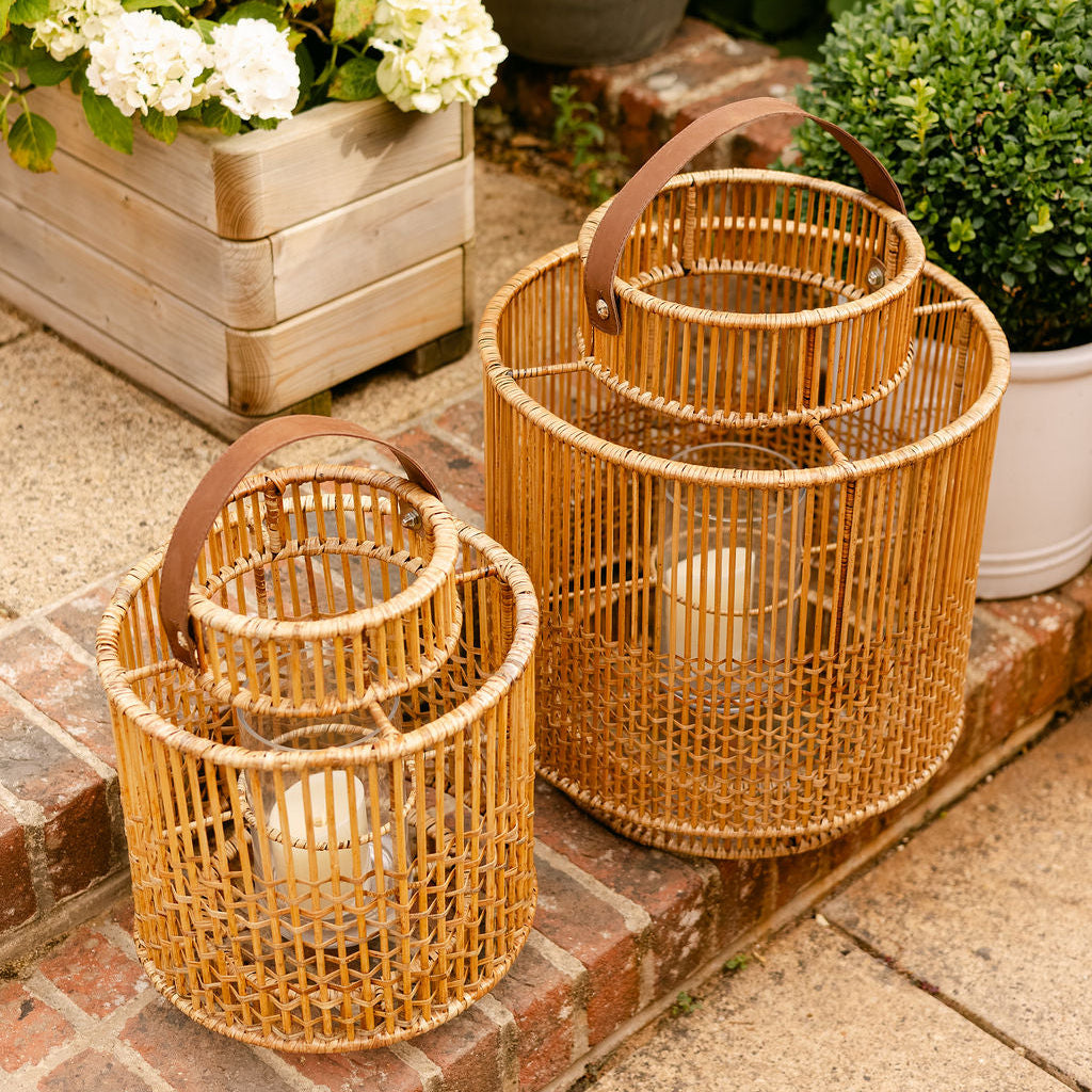 Large Rattan Lantern with Glass Candle Holder & Leather Handle