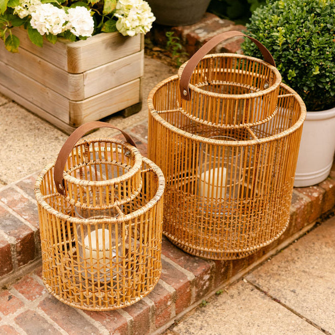 Large Rattan Lantern with Glass Candle Holder & Leather Handle