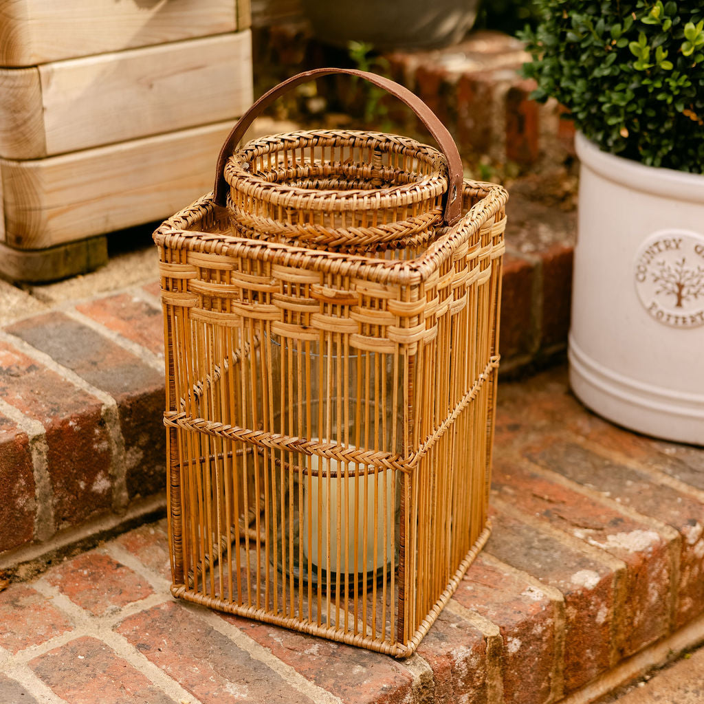 Square Rattan Lantern with Glass Candle Holder