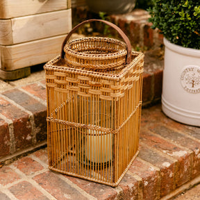 Square Rattan Lantern with Glass Candle Holder