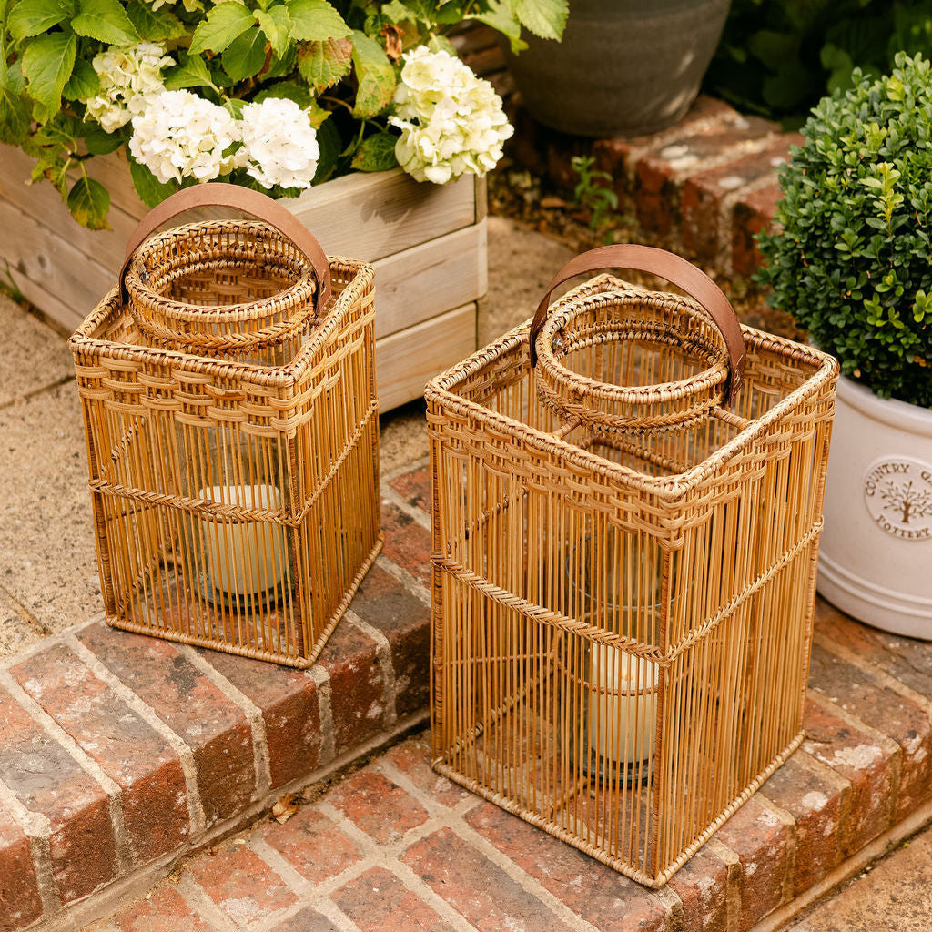 Square Rattan Lantern with Glass Candle Holder