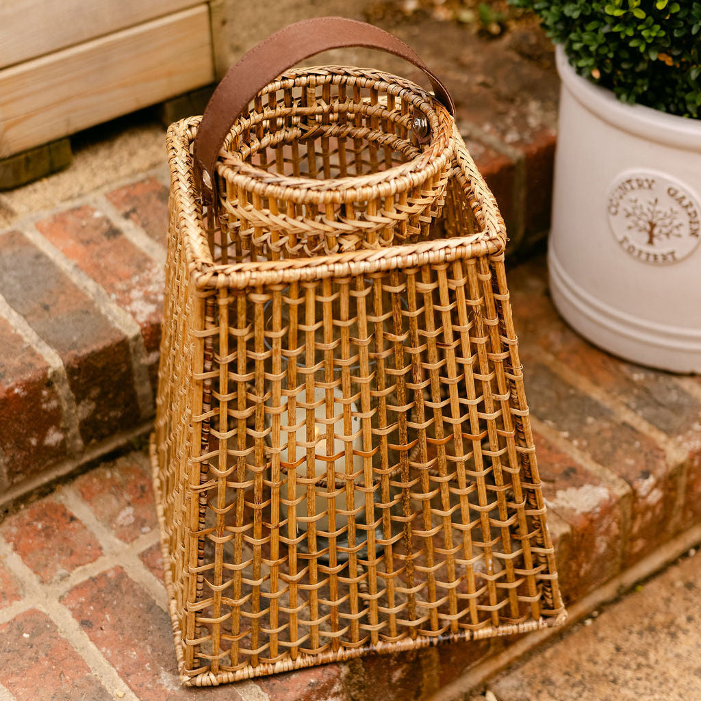 Pyramid Rattan Candle Lantern with Leather Handle
