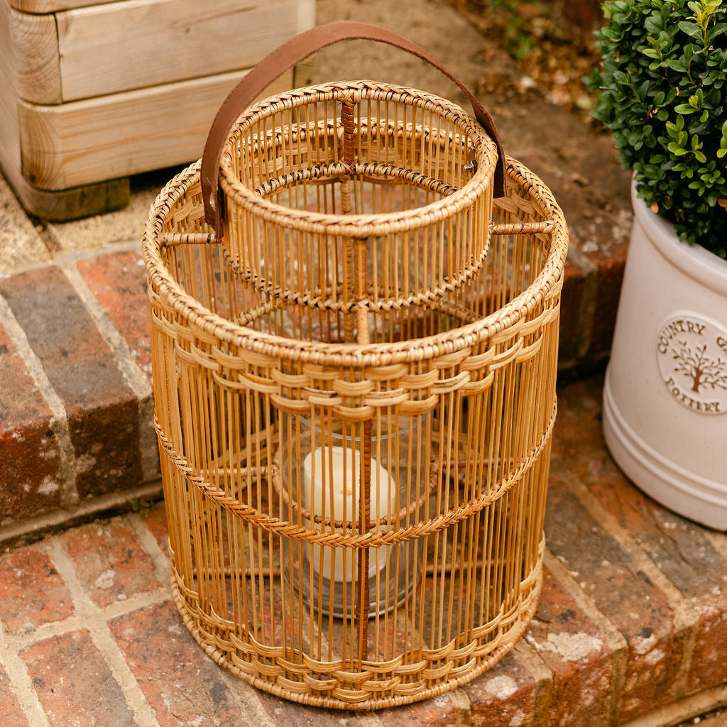Round  Rattan Lantern with Glass Candle Holder