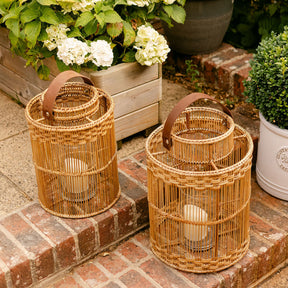 Round  Rattan Lantern with Glass Candle Holder