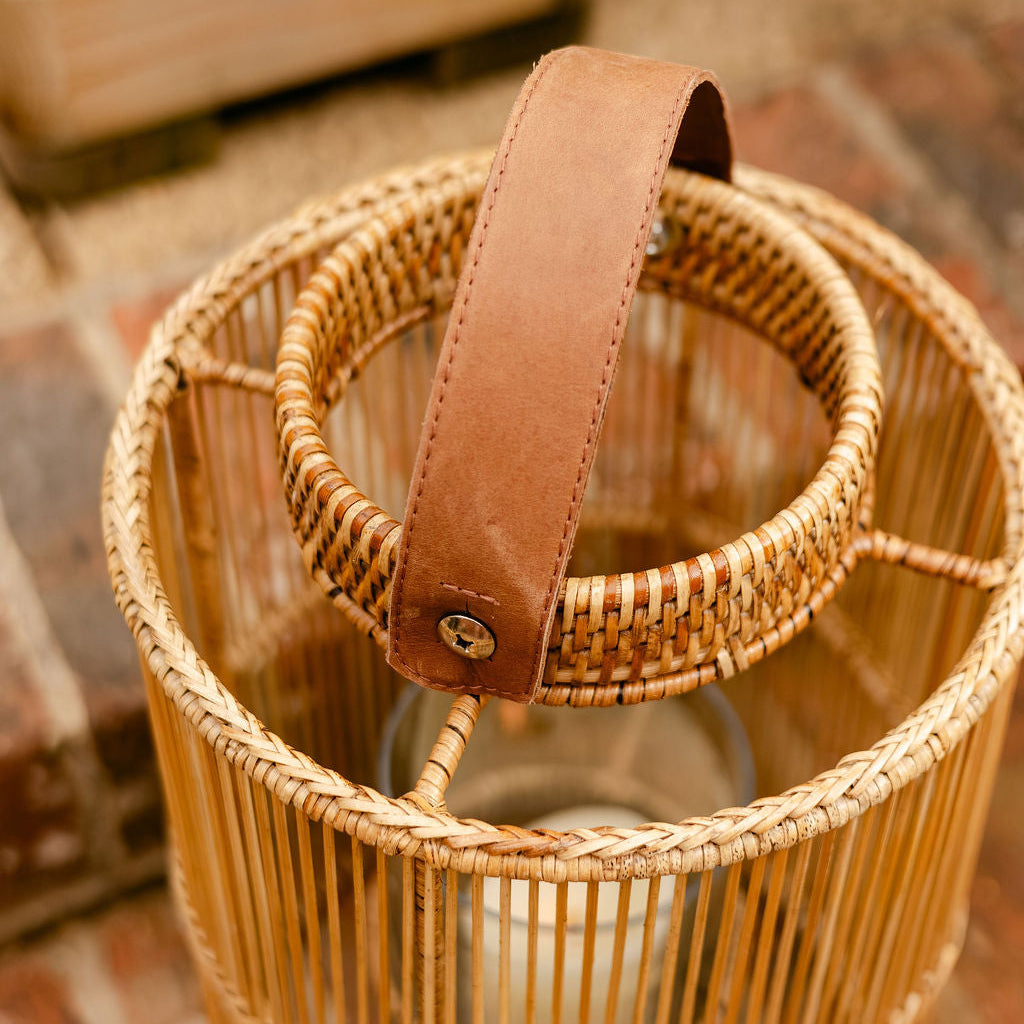 Round Rattan Lantern with Leather Handle