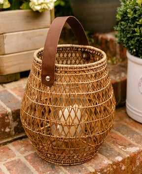 Heritage Cross Weave Rattan Lantern with Leather Handle