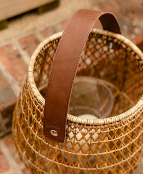 Heritage Cross Weave Rattan Lantern with Leather Handle