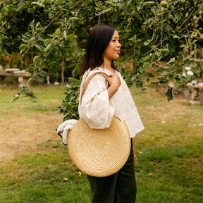 Round Woven Straw Shoulder Bag with Leather Handles