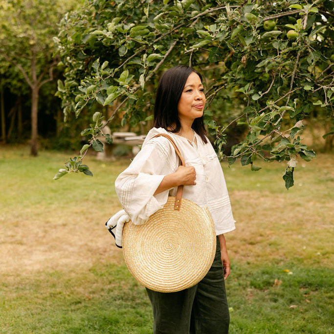 Round Woven Straw Shoulder Bag with Leather Handles