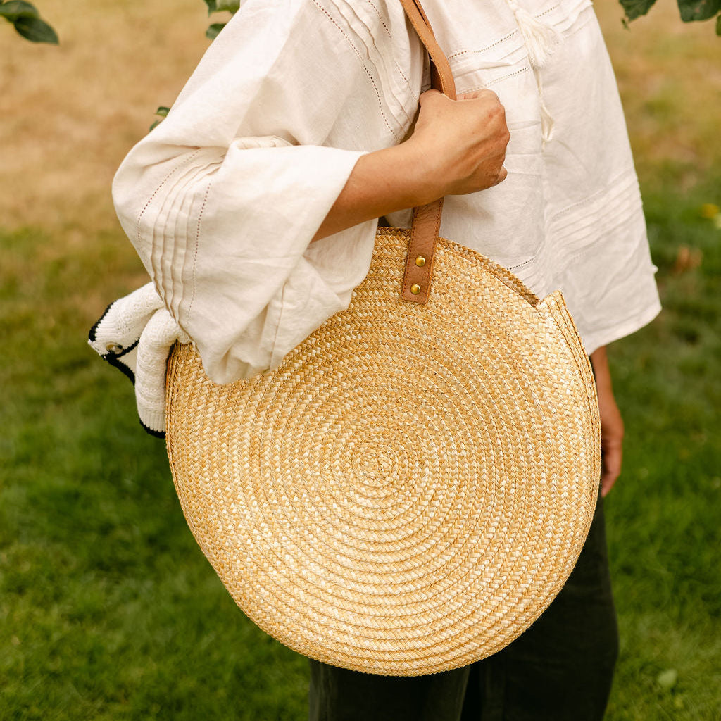 Round Woven Straw Shoulder Bag with Leather Handles