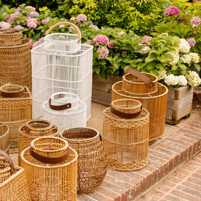 Large Rattan Lantern with Glass Candle Holder & Leather Handle