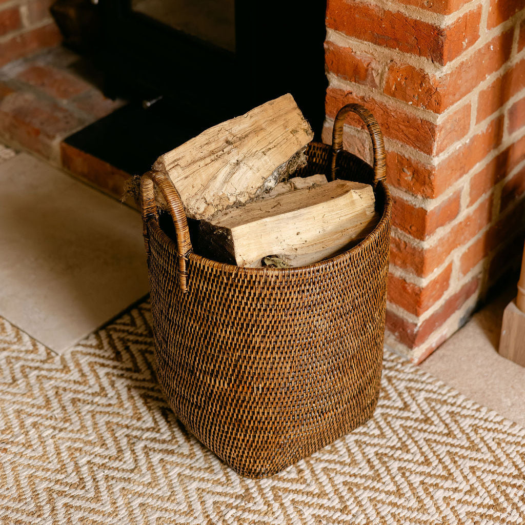 Tall Rattan Log & Storage Basket with Handles