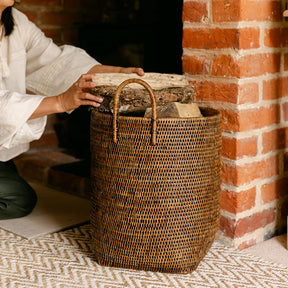 Tall Rattan Log & Storage Basket with Handles
