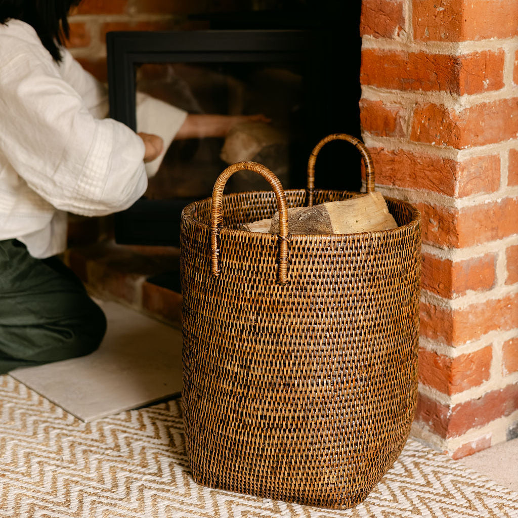 Tall Rattan Log & Storage Basket with Handles
