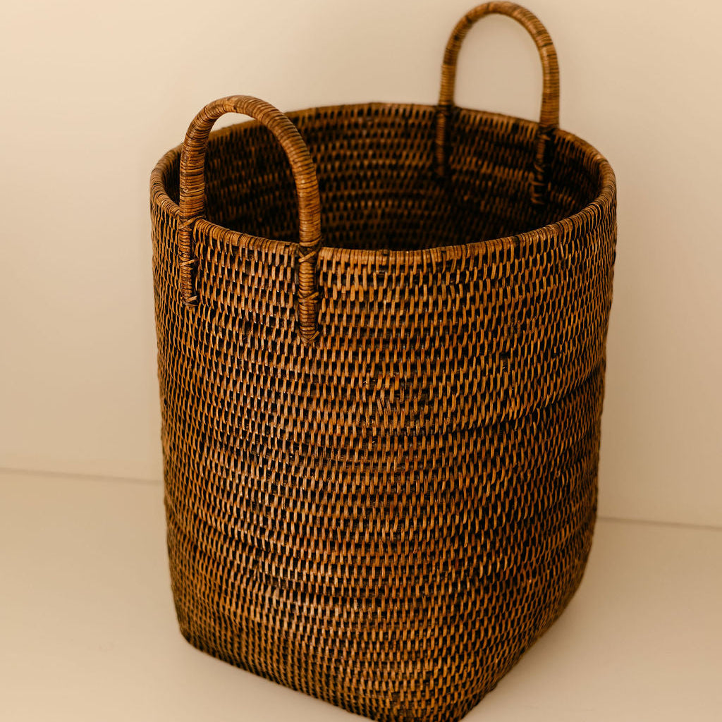 Tall Rattan Log & Storage Basket with Handles