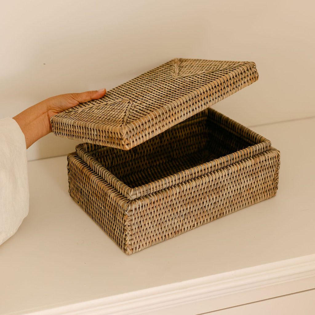Small Rectangular Rattan Storage Box with Lid
