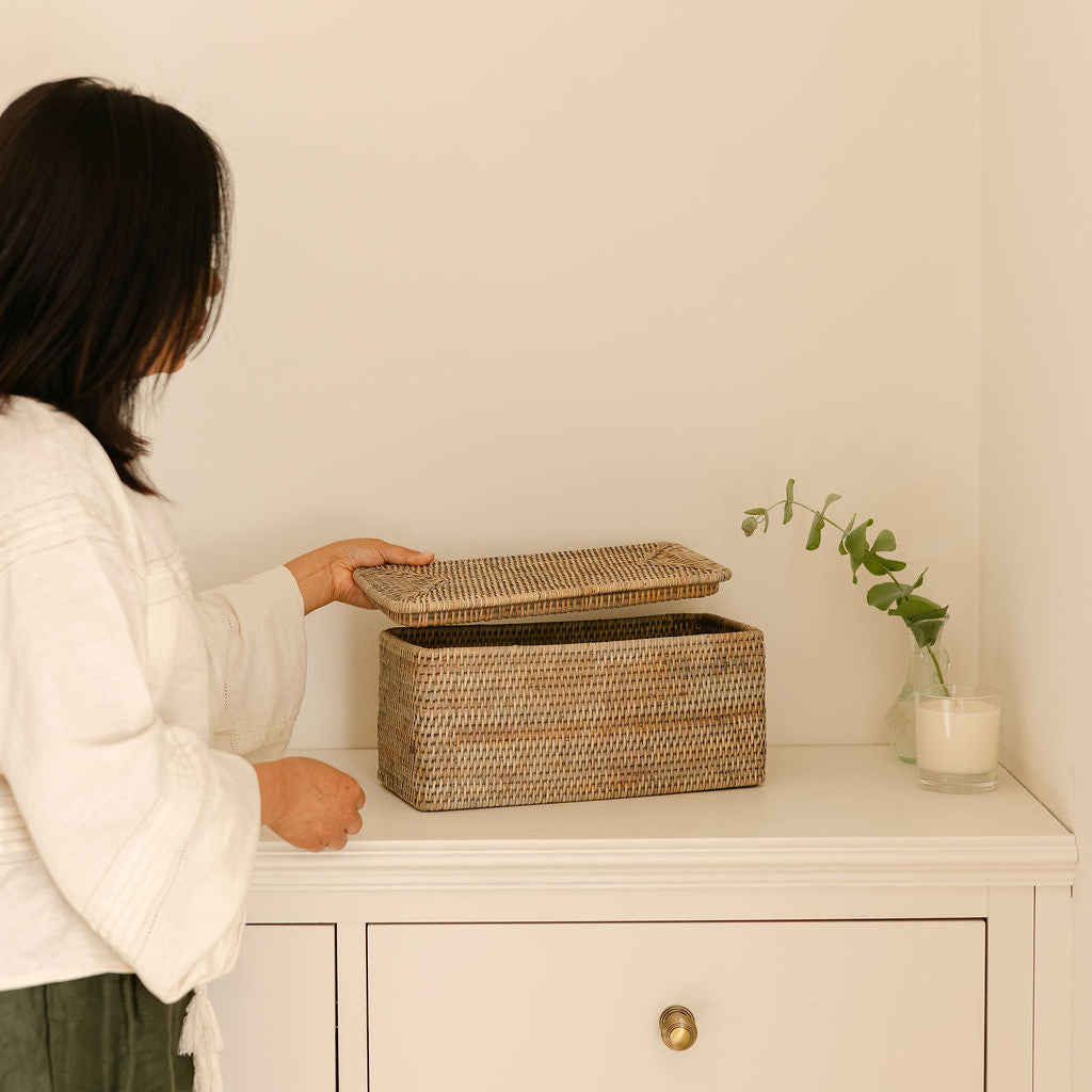 Rattan small  Rectangular Storage Basket with Lid