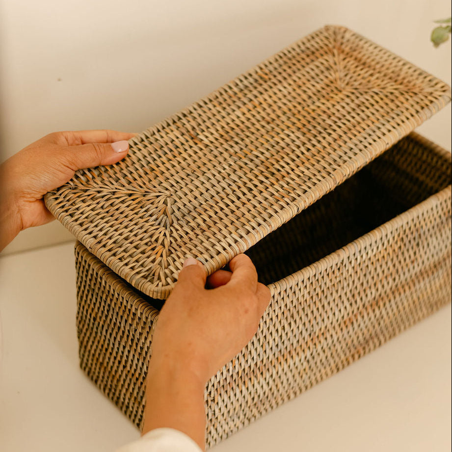 Rattan small  Rectangular Storage Basket with Lid