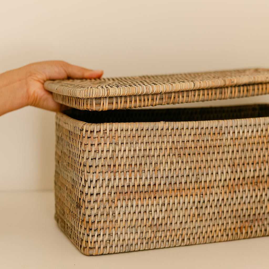 Rattan small  Rectangular Storage Basket with Lid