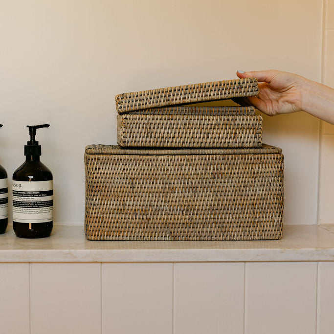 Rattan small  Rectangular Storage Basket with Lid