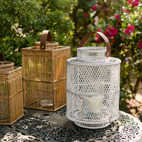 Square Rattan Lantern with Glass Candle Holder