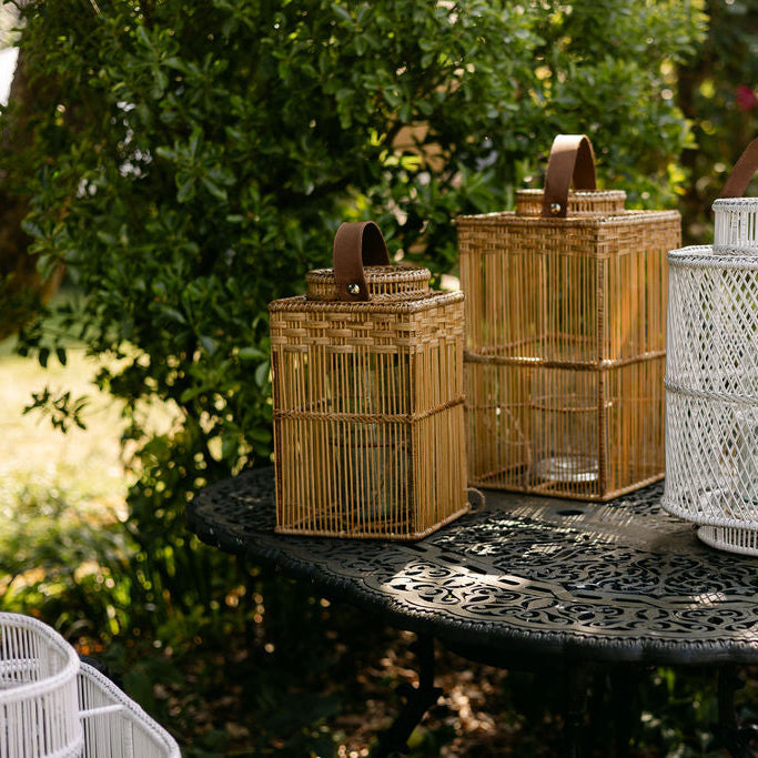 Square Rattan Lantern with Glass Candle Holder