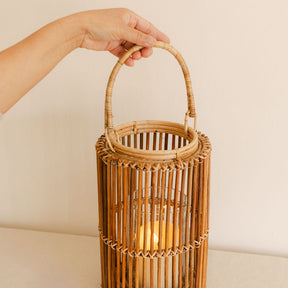 Cylindrical Rattan Lantern with Handle ( with clear glass)