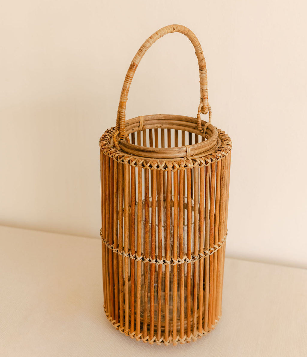Cylindrical Rattan Lantern with Handle ( with clear glass)
