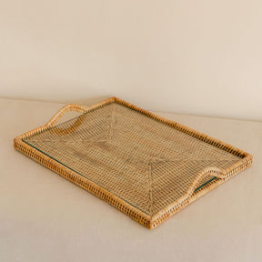 Rattan Rectangular Glass Tray – Cheese & charcuterie board & Serving Tray