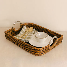 Rattan Leaf-Shaped Serving Tray with Steel Handle Ring