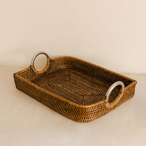 Rattan Leaf-Shaped Serving Tray with Steel Handle Ring