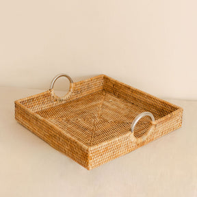 Rattan Square tray with Steel Handle Ring