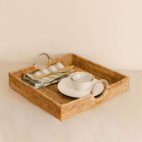 Rattan Square tray with Steel Handle Ring