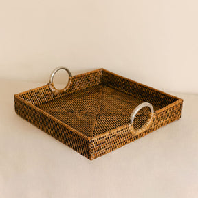 Rattan Square tray with Steel Handle Ring