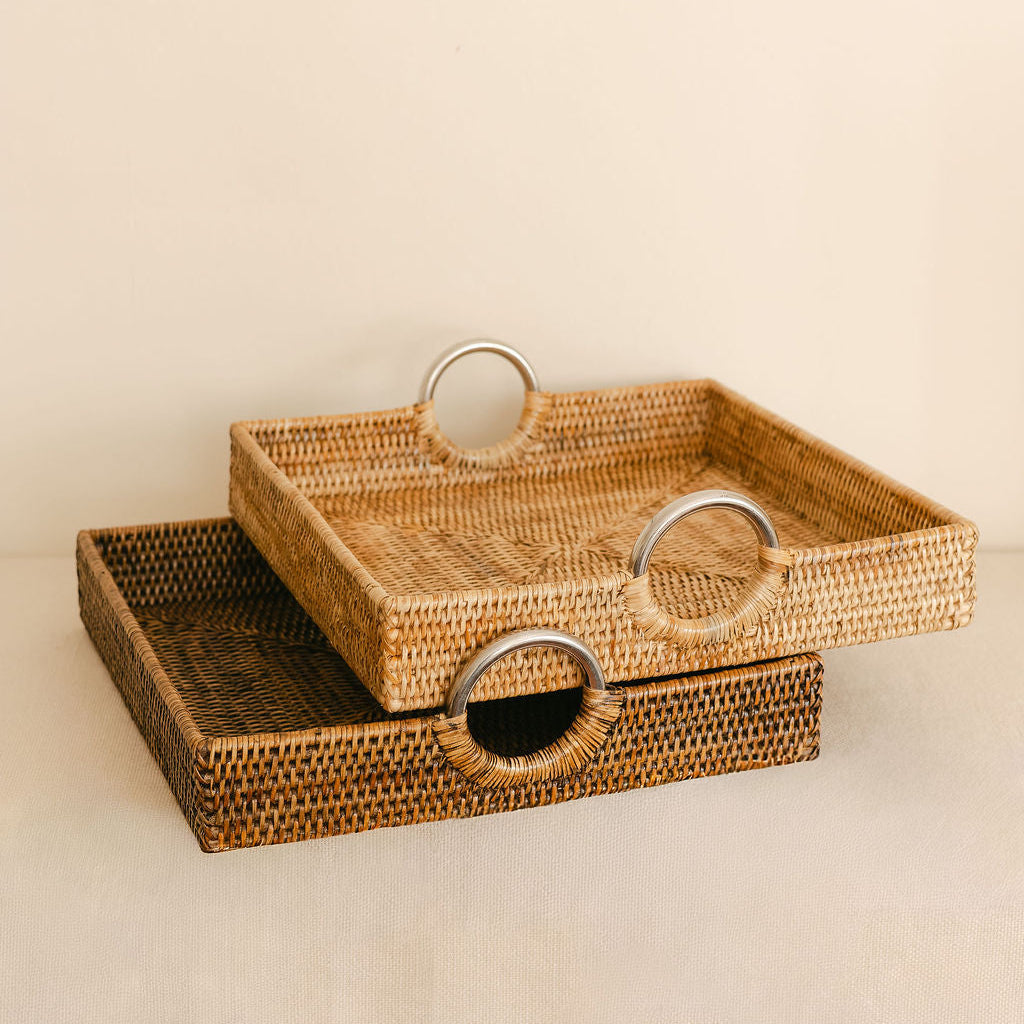 Rattan Square tray with Steel Handle Ring