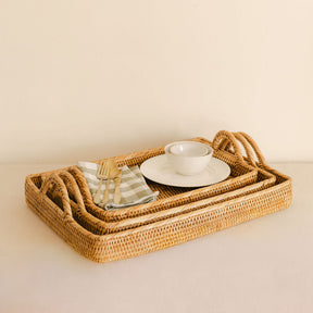 Rattan Rectangular Serving Tray with High Arch Handles
