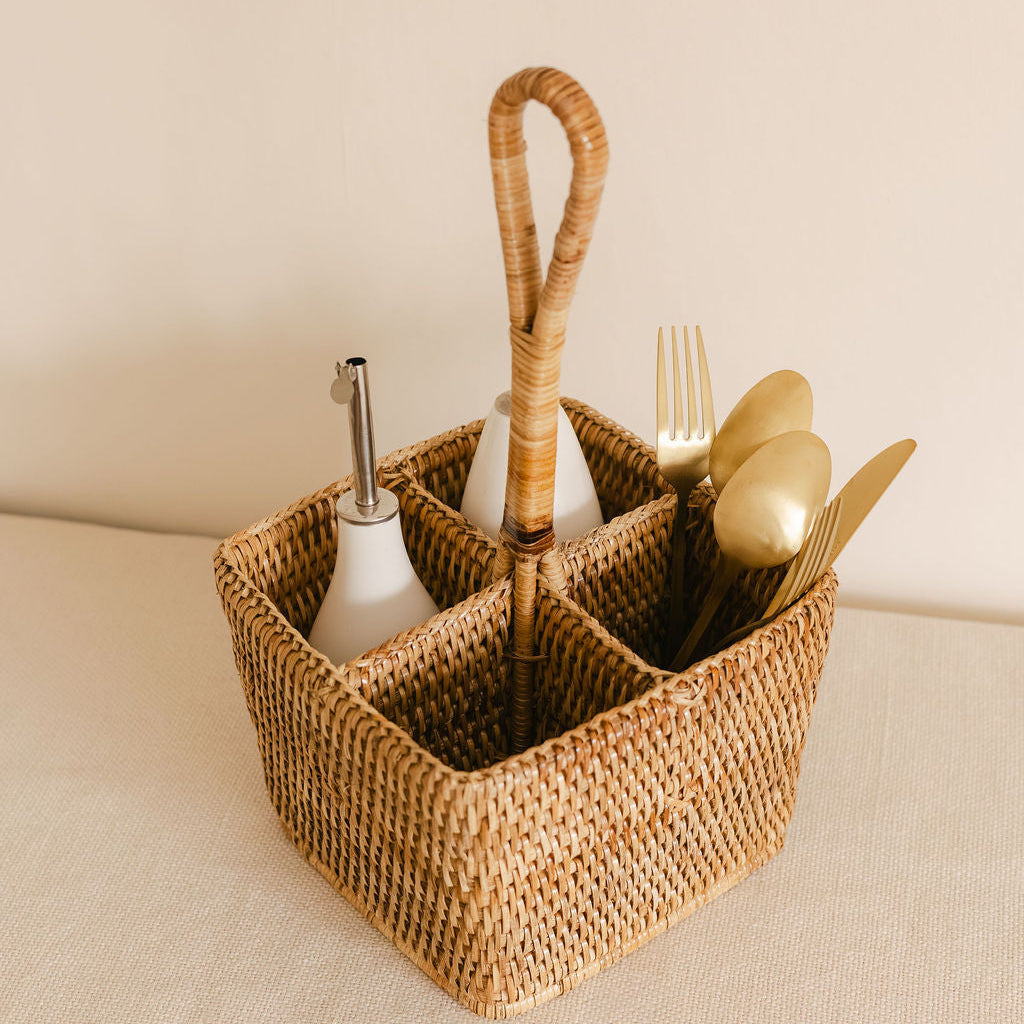 Rattan Table Cutlery Caddy- Rattan Tall Condiment Holder
