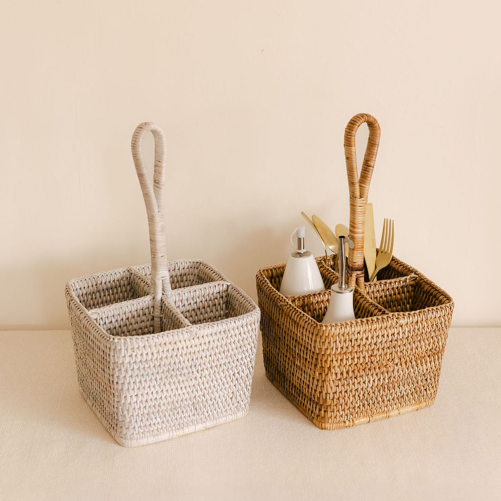 Rattan Table Cutlery Caddy- Rattan Tall Condiment Holder
