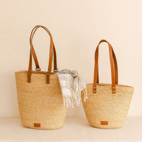 Straw Bag with Genuine Leather Handles