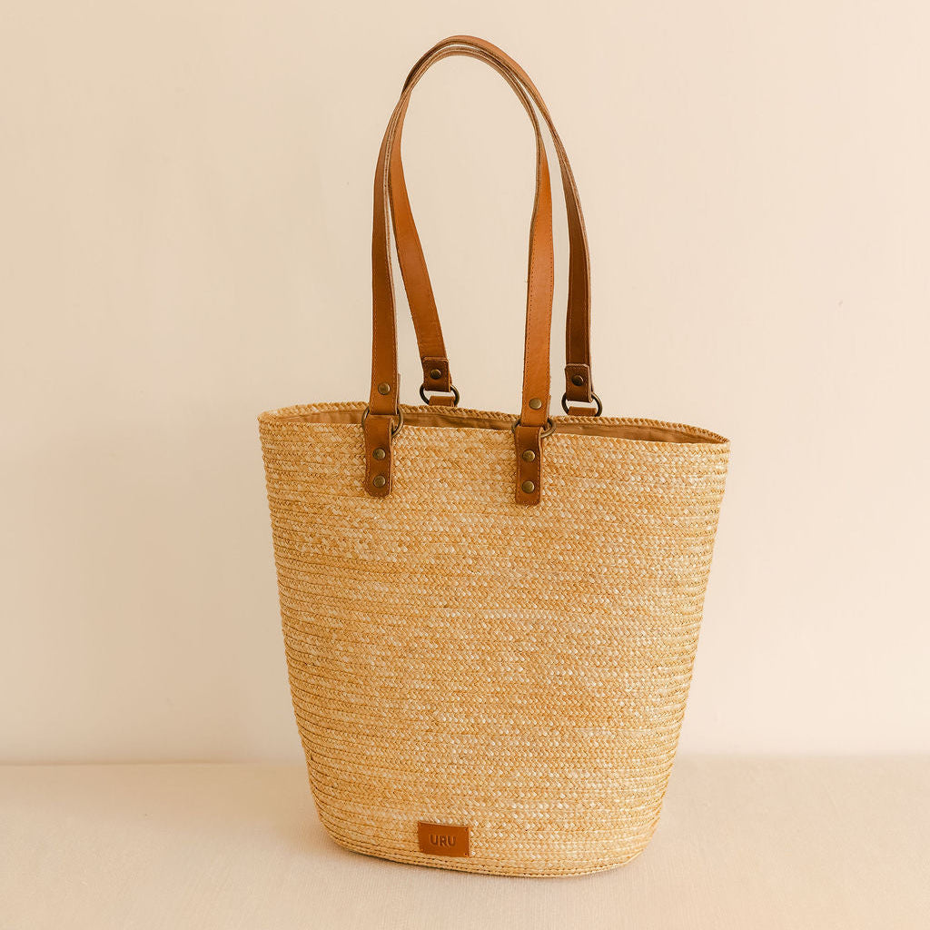 Straw Bag with Genuine Leather Handles