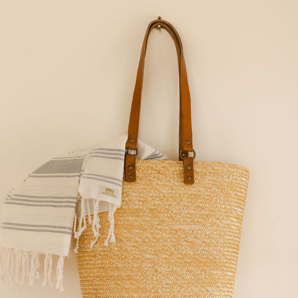 Straw Bag with Genuine Leather Handles