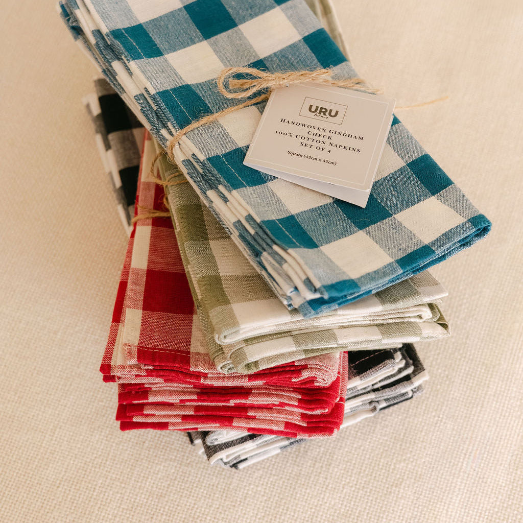 Handwoven 100% Pure Cotton Napkins – Gingham Check ( Set of Four)