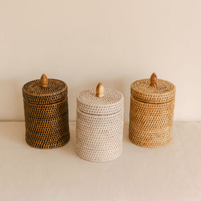 Small Rattan Cylinder Pot with Lid | Cotton Wool Holder or Bathroom Storage