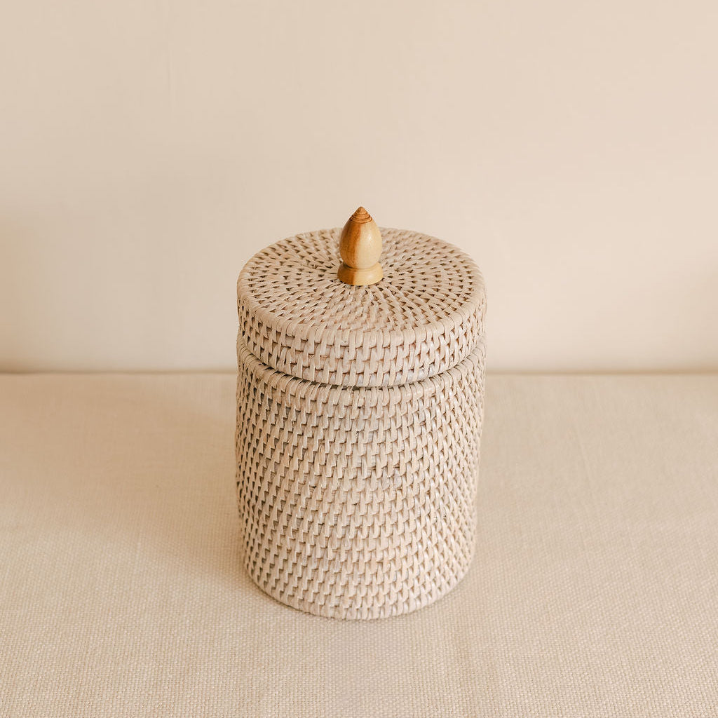 Small Rattan Cylinder Pot with Lid | Cotton Wool Holder or Bathroom Storage